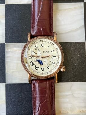 Stauer Moon Phase Quartz Day Date Watch Brown Leather Strap Rose Gold - 20390
